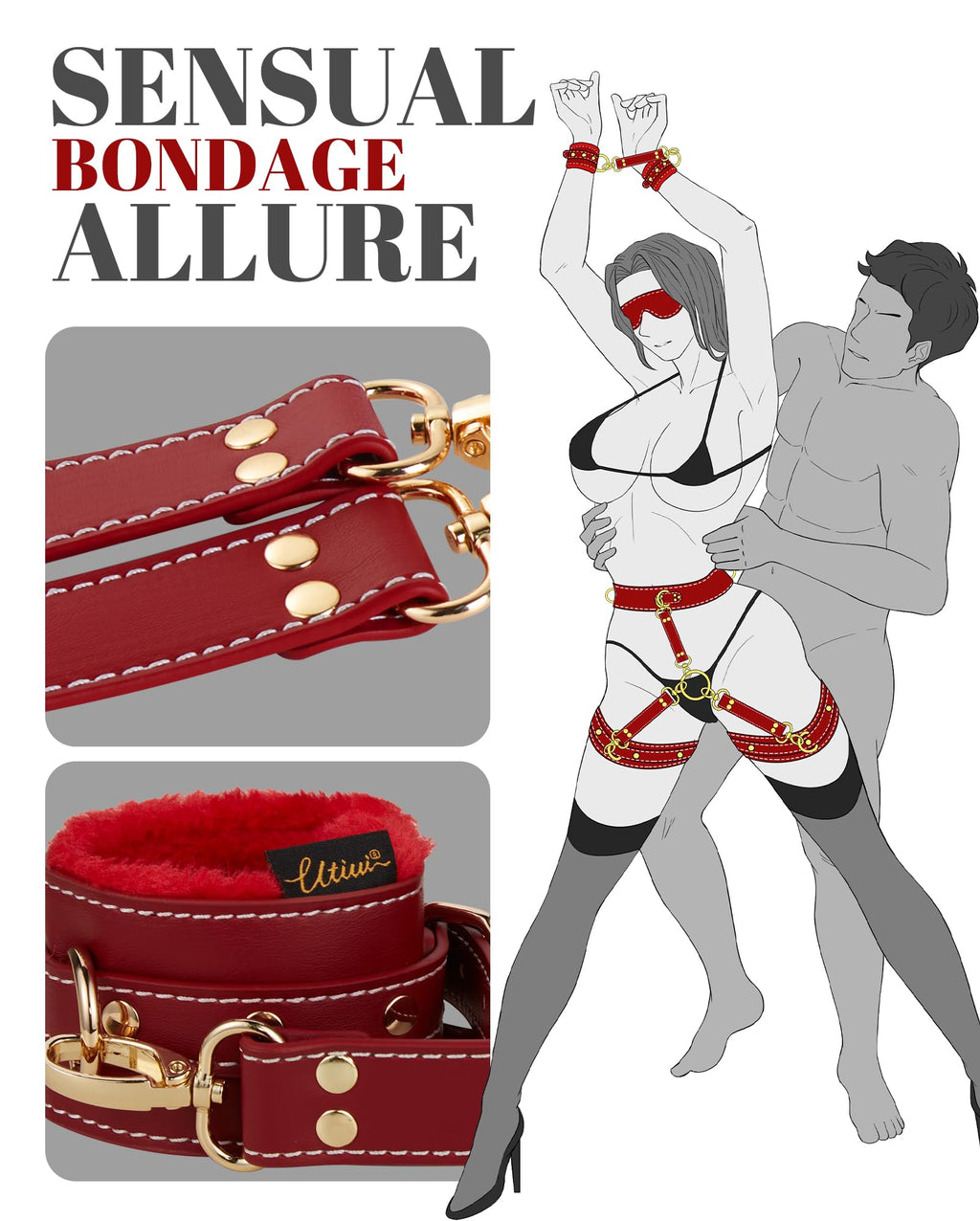 UTIMI Sex Bondage BDSM Kit Restraints 6PCS Sets with Adjustable Handcuffs Ankle Cuff Thigh Cuffs Blindfold Cross Strap Waist Strap Adult SM Games Sex Toys for Men Women and Couples