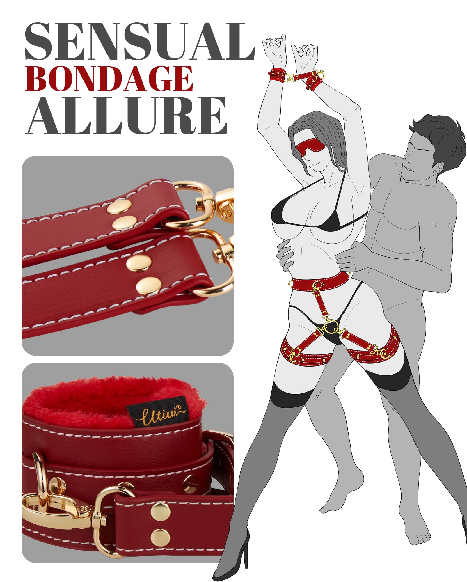 UTIMI Sex Bondage BDSM Kit Restraints 6PCS Sets with Adjustable Handcuffs Ankle Cuff Thigh Cuffs Blindfold Cross Strap Waist Strap Adult SM Games Sex Toys for Men Women and Couples