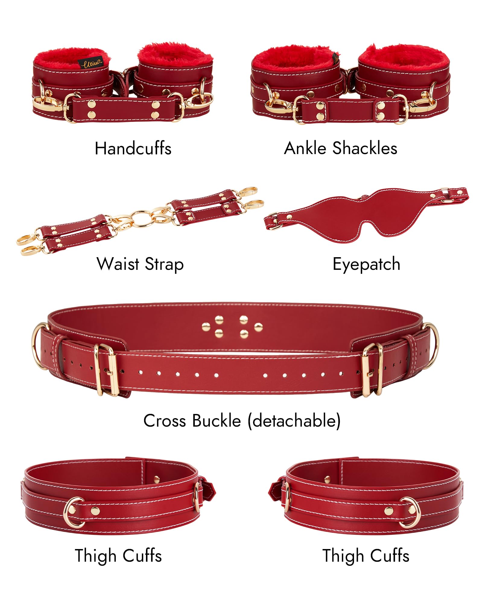 UTIMI Sex Bondage BDSM Kit Restraints 6PCS Sets with Adjustable Handcuffs Ankle Cuff Thigh Cuffs Blindfold Cross Strap Waist Strap Adult SM Games Sex Toys for Men Women and Couples